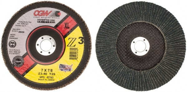 Camel Grinding Wheels - 40 Grit, 7" Disc Diam, 7/8" Center Hole, Type 29 Zirconia Alumina Flap Disc - 8,600 Max RPM, Poly Cotton Backing, Arbor Attaching System, Coated - Exact Tooling
