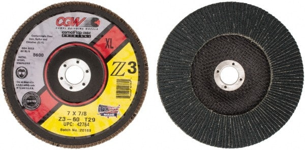 Camel Grinding Wheels - 60 Grit, 7" Disc Diam, 7/8" Center Hole, Type 29 Zirconia Alumina Flap Disc - 8,600 Max RPM, Poly Cotton Backing, Arbor Attaching System, Coated - Exact Tooling