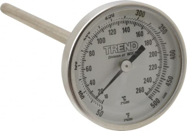 Wika - 6 Inch Long Stem, 2 Inch Dial Diameter, Stainless Steel, Back Connected Bi-Metal Thermometer - 10 to 260°C, 1% Accuracy - Exact Tooling