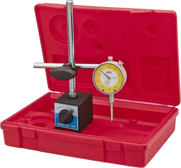 Value Collection - 0.001" Graduation, 0-100 Dial Reading, Dial Indicator & Base Kit - 55mm Base Length x 50mm Base Width x 63mm Base Height, 2-9/32" Dial Diam - Exact Tooling