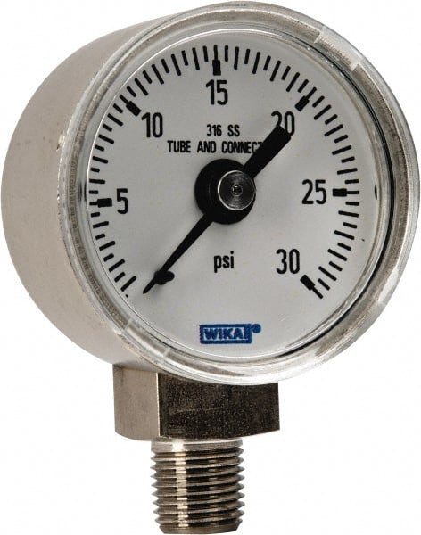 Wika - 1-1/2" Dial, 1/8 Thread, 0-30 Scale Range, Pressure Gauge - Lower Connection Mount, Accurate to 2.5% of Scale - Exact Tooling