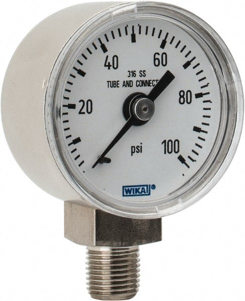 Wika - 1-1/2" Dial, 1/8 Thread, 0-100 Scale Range, Pressure Gauge - Lower Connection Mount, Accurate to 2.5% of Scale - Exact Tooling