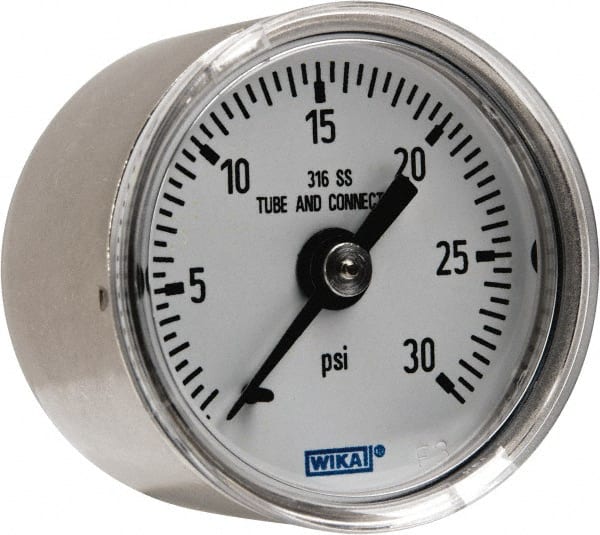Wika - 1-1/2" Dial, 1/8 Thread, 0-30 Scale Range, Pressure Gauge - Center Back Connection Mount, Accurate to 2.5% of Scale - Exact Tooling