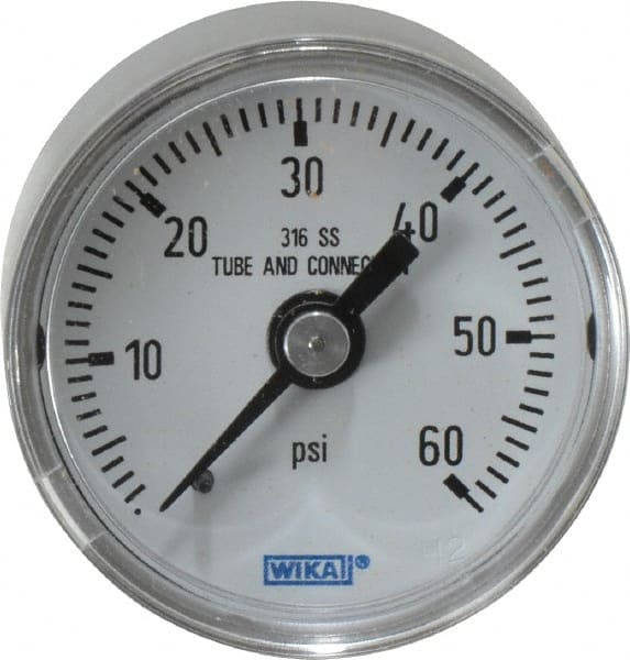 Wika - 1-1/2" Dial, 1/8 Thread, 0-60 Scale Range, Pressure Gauge - Center Back Connection Mount, Accurate to 2.5% of Scale - Exact Tooling
