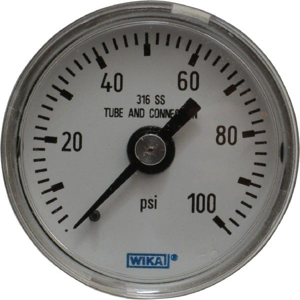 Wika - 1-1/2" Dial, 1/8 Thread, 0-100 Scale Range, Pressure Gauge - Center Back Connection Mount, Accurate to 2.5% of Scale - Exact Tooling