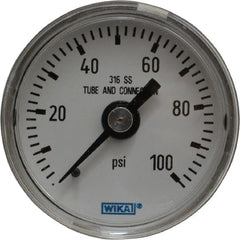 Wika - 1-1/2" Dial, 1/8 Thread, 0-100 Scale Range, Pressure Gauge - Center Back Connection Mount, Accurate to 2.5% of Scale - Exact Tooling