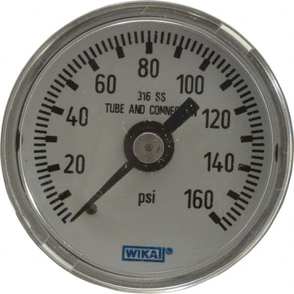 Wika - 1-1/2" Dial, 1/8 Thread, 0-160 Scale Range, Pressure Gauge - Center Back Connection Mount, Accurate to 2.5% of Scale - Exact Tooling