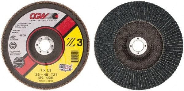 Camel Grinding Wheels - 40 Grit, 7" Disc Diam, 7/8" Center Hole, Type 27 Zirconia Alumina Flap Disc - 8,600 Max RPM, Poly Cotton Backing, Arbor Attaching System, Coated - Exact Tooling