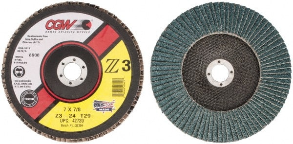 Camel Grinding Wheels - 24 Grit, 7" Disc Diam, 7/8" Center Hole, Type 29 Zirconia Alumina Flap Disc - 8,600 Max RPM, Poly Cotton Backing, Arbor Attaching System, Coated - Exact Tooling