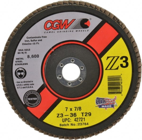 Camel Grinding Wheels - 36 Grit, 7" Disc Diam, 7/8" Center Hole, Type 29 Zirconia Alumina Flap Disc - 8,600 Max RPM, Poly Cotton Backing, Arbor Attaching System, Coated - Exact Tooling