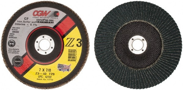 Camel Grinding Wheels - 40 Grit, 7" Disc Diam, 7/8" Center Hole, Type 29 Zirconia Alumina Flap Disc - 8,600 Max RPM, Poly Cotton Backing, Arbor Attaching System, Coated - Exact Tooling