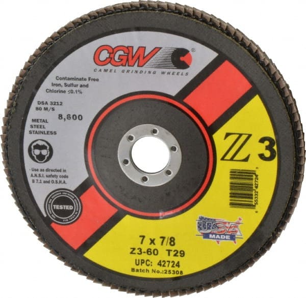 Camel Grinding Wheels - 60 Grit, 7" Disc Diam, 7/8" Center Hole, Type 29 Zirconia Alumina Flap Disc - 8,600 Max RPM, Poly Cotton Backing, Arbor Attaching System, Coated - Exact Tooling