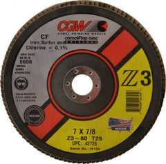 Camel Grinding Wheels - 80 Grit, 7" Disc Diam, 7/8" Center Hole, Type 29 Zirconia Alumina Flap Disc - 8,600 Max RPM, Poly Cotton Backing, Arbor Attaching System, Coated - Exact Tooling