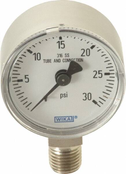 Wika - 2" Dial, 1/4 Thread, 0-30 Scale Range, Pressure Gauge - Lower Connection Mount, Accurate to 2.5% of Scale - Exact Tooling