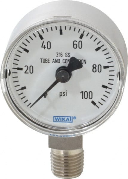 Wika - 2" Dial, 1/4 Thread, 0-100 Scale Range, Pressure Gauge - Lower Connection Mount, Accurate to 2.5% of Scale - Exact Tooling