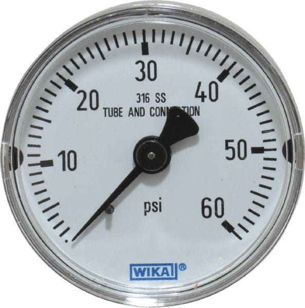 Wika - 2" Dial, 1/4 Thread, 0-60 Scale Range, Pressure Gauge - Center Back Connection Mount, Accurate to 2.5% of Scale - Exact Tooling