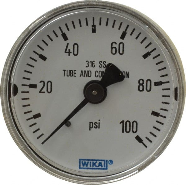 Wika - 2" Dial, 1/4 Thread, 0-100 Scale Range, Pressure Gauge - Center Back Connection Mount, Accurate to 2.5% of Scale - Exact Tooling