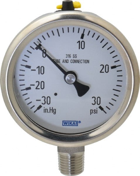 Wika - 2-1/2" Dial, 1/4 Thread, 30-0-30 Scale Range, Pressure Gauge - Lower Connection Mount, Accurate to 1.5% of Scale - Exact Tooling
