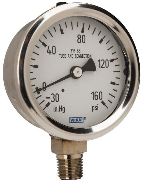 Wika - 2-1/2" Dial, 1/4 Thread, 30-0-160 Scale Range, Pressure Gauge - Lower Connection Mount, Accurate to 1.5% of Scale - Exact Tooling