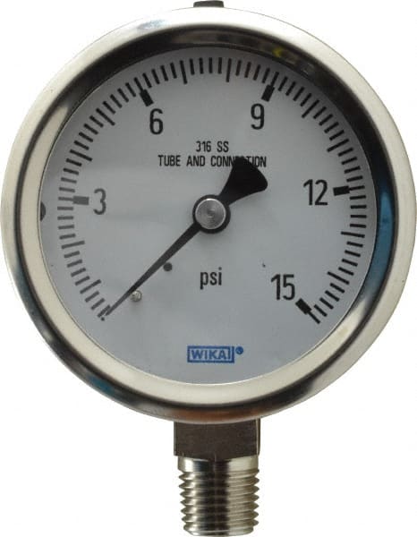 Wika - 2-1/2" Dial, 1/4 Thread, 0-15 Scale Range, Pressure Gauge - Lower Connection Mount, Accurate to 1.5% of Scale - Exact Tooling