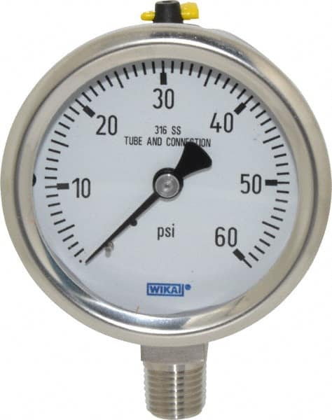 Wika - 2-1/2" Dial, 1/4 Thread, 0-60 Scale Range, Pressure Gauge - Lower Connection Mount, Accurate to 1.5% of Scale - Exact Tooling
