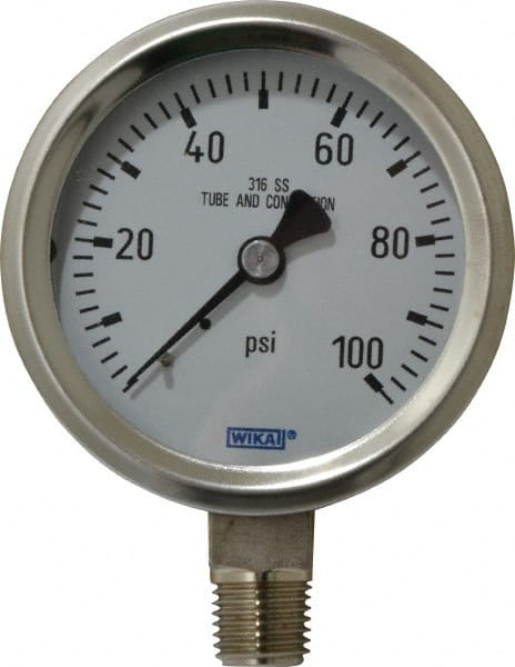 Wika - 2-1/2" Dial, 1/4 Thread, 0-100 Scale Range, Pressure Gauge - Lower Connection Mount, Accurate to 1.5% of Scale - Exact Tooling