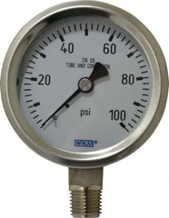 Wika - 2-1/2" Dial, 1/4 Thread, 0-100 Scale Range, Pressure Gauge - Lower Connection Mount, Accurate to 1.5% of Scale - Exact Tooling