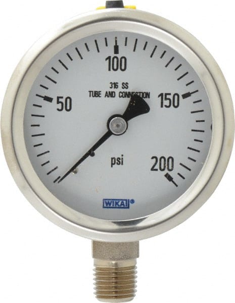 Wika - 2-1/2" Dial, 1/4 Thread, 0-200 Scale Range, Pressure Gauge - Lower Connection Mount, Accurate to 1.5% of Scale - Exact Tooling