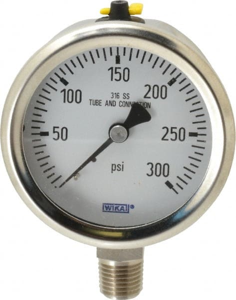 Wika - 2-1/2" Dial, 1/4 Thread, 0-300 Scale Range, Pressure Gauge - Lower Connection Mount, Accurate to 1.5% of Scale - Exact Tooling