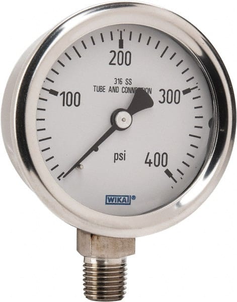 Wika - 2-1/2" Dial, 1/4 Thread, 0-400 Scale Range, Pressure Gauge - Lower Connection Mount, Accurate to 1.5% of Scale - Exact Tooling