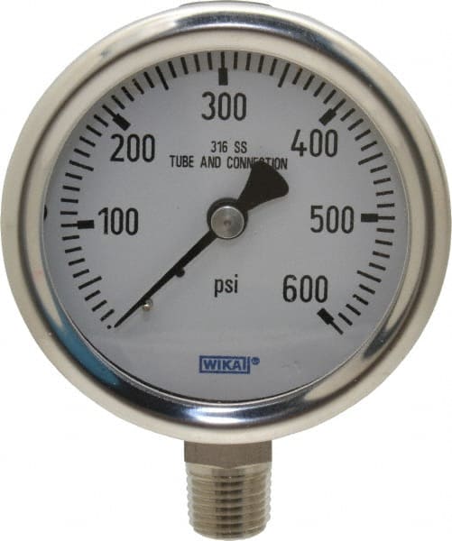 Wika - 2-1/2" Dial, 1/4 Thread, 0-600 Scale Range, Pressure Gauge - Lower Connection Mount, Accurate to 1.5% of Scale - Exact Tooling