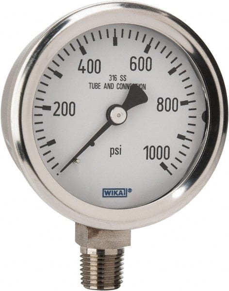 Wika - 2-1/2" Dial, 1/4 Thread, 0-1,000 Scale Range, Pressure Gauge - Lower Connection Mount, Accurate to 1.5% of Scale - Exact Tooling