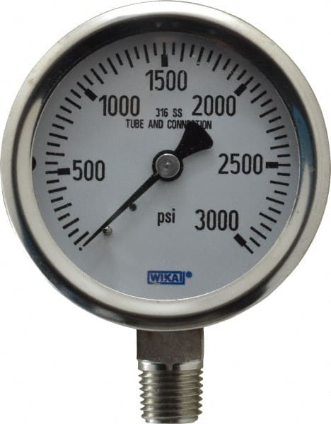 Wika - 2-1/2" Dial, 1/4 Thread, 0-3,000 Scale Range, Pressure Gauge - Lower Connection Mount, Accurate to 1.5% of Scale - Exact Tooling