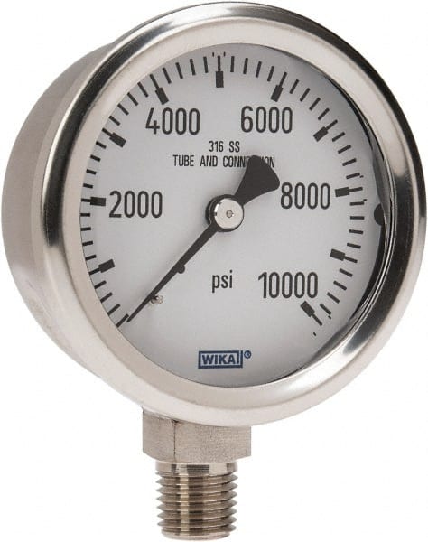 Wika - 2-1/2" Dial, 1/4 Thread, 0-10,000 Scale Range, Pressure Gauge - Lower Connection Mount, Accurate to 1.5% of Scale - Exact Tooling