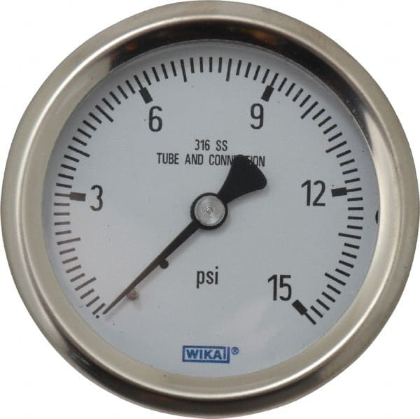 Wika - 2-1/2" Dial, 1/4 Thread, 0-15 Scale Range, Pressure Gauge - Center Back Connection Mount, Accurate to 1.5% of Scale - Exact Tooling