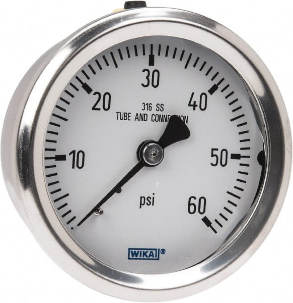Wika - 2-1/2" Dial, 1/4 Thread, 0-60 Scale Range, Pressure Gauge - Center Back Connection Mount, Accurate to 1.5% of Scale - Exact Tooling