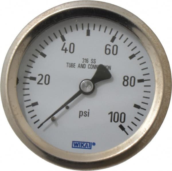 Wika - 2-1/2" Dial, 1/4 Thread, 0-100 Scale Range, Pressure Gauge - Center Back Connection Mount, Accurate to 1.5% of Scale - Exact Tooling