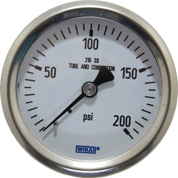 Wika - 2-1/2" Dial, 1/4 Thread, 0-200 Scale Range, Pressure Gauge - Center Back Connection Mount, Accurate to 1.5% of Scale - Exact Tooling