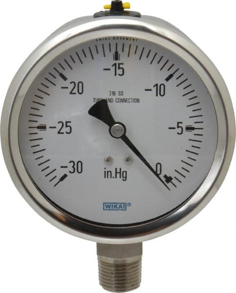 Wika - 4" Dial, 1/2 Thread, 30-0 Scale Range, Pressure Gauge - Lower Connection Mount, Accurate to 1% of Scale - Exact Tooling