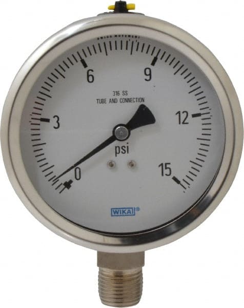 Wika - 4" Dial, 1/2 Thread, 0-15 Scale Range, Pressure Gauge - Lower Connection Mount, Accurate to 1% of Scale - Exact Tooling