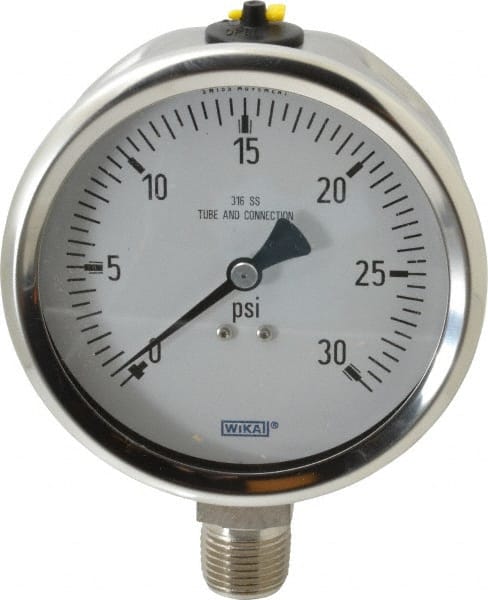 Wika - 4" Dial, 1/2 Thread, 0-30 Scale Range, Pressure Gauge - Lower Connection Mount, Accurate to 1% of Scale - Exact Tooling
