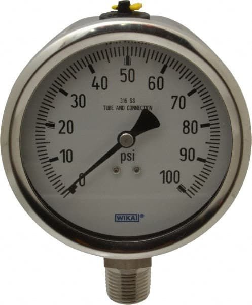 Wika - 4" Dial, 1/2 Thread, 0-100 Scale Range, Pressure Gauge - Lower Connection Mount, Accurate to 1% of Scale - Exact Tooling