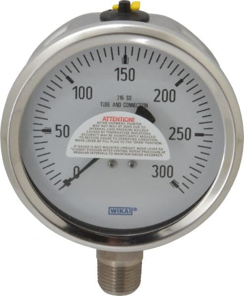 Wika - 4" Dial, 1/2 Thread, 0-300 Scale Range, Pressure Gauge - Lower Connection Mount, Accurate to 1% of Scale - Exact Tooling