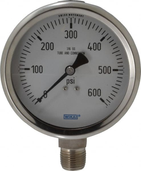 Wika - 4" Dial, 1/2 Thread, 0-600 Scale Range, Pressure Gauge - Lower Connection Mount, Accurate to 1% of Scale - Exact Tooling