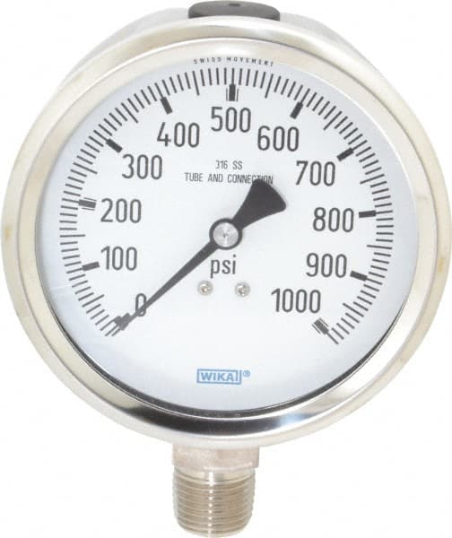 Wika - 4" Dial, 1/2 Thread, 0-1,000 Scale Range, Pressure Gauge - Lower Connection Mount, Accurate to 1% of Scale - Exact Tooling