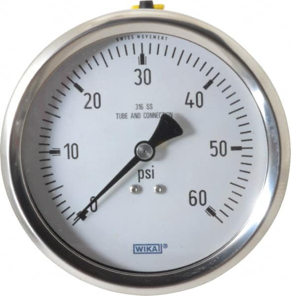 Wika - 4" Dial, 1/2 Thread, 0-60 Scale Range, Pressure Gauge - Lower Back Connection Mount, Accurate to 1% of Scale - Exact Tooling