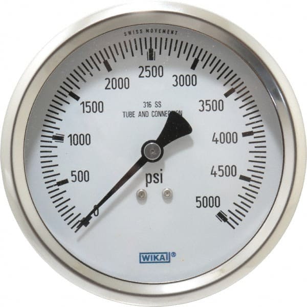 Wika - 4" Dial, 1/2 Thread, 0-5,000 Scale Range, Pressure Gauge - Lower Back Connection Mount, Accurate to 1% of Scale - Exact Tooling
