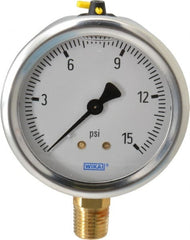 Wika - 2-1/2" Dial, 1/4 Thread, 0-15 Scale Range, Pressure Gauge - Lower Connection Mount, Accurate to 1.5% of Scale - Exact Tooling