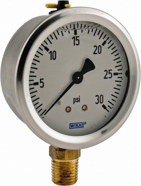 Wika - 2-1/2" Dial, 1/4 Thread, 0-30 Scale Range, Pressure Gauge - Lower Connection Mount, Accurate to 1.5% of Scale - Exact Tooling