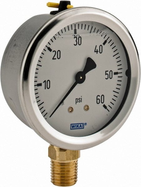 Wika - 2-1/2" Dial, 1/4 Thread, 0-60 Scale Range, Pressure Gauge - Lower Connection Mount, Accurate to 1.5% of Scale - Exact Tooling